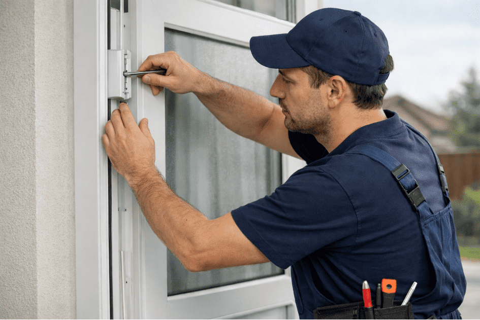 Technik seřizuje vchodové plastové dveře | Okno-expert.cz