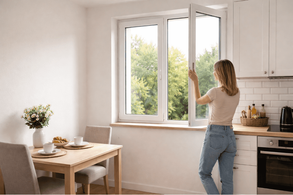 Žena větrá v kuchyni | Okno-expert.cz
