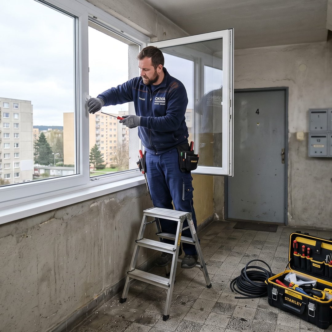 Technik seřizuje okno v bytovém domě na Kladensku