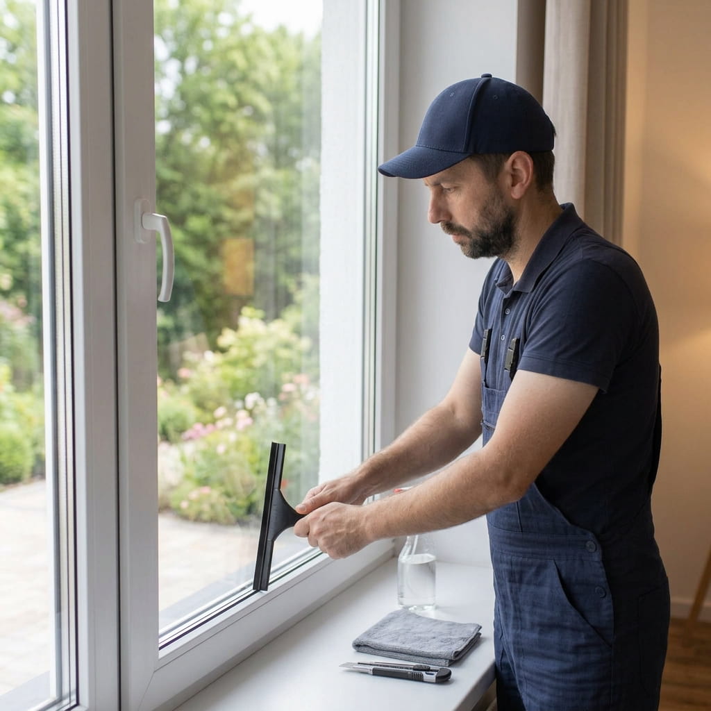 Technik aplikuje bezpečnostní fólii na prosklené dveře